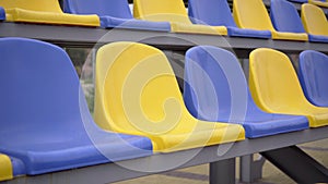 4k, Empty Plastic Seats at Stadium. Rows Seats at Stadium Without Spectators