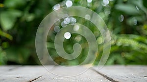 4K. empty wooden plank with green tree leaves sway from wind at background with bokeh light. green natural background ,copy space