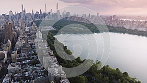 4K epic panorama of Manhattan, New York city downtown background, Urban park USA