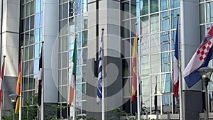 4K. European Union countries flags are waving. European Parliament