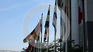 4K. European Union countries flags are waving. European Parliament