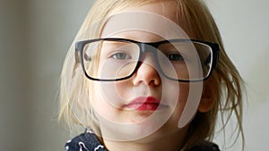 4K Eyeglasses Child Testing New Glasses, Shortsighted Little Girl Face, Portrait