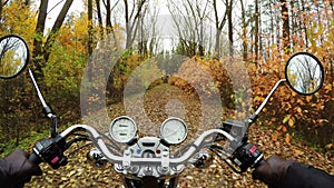 4K. Fantastic motorcycle ride on the road in orange autumn forest, wide point of view of rider. Classic chopper forever!