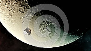 4K. Flight Of Commercial Spacecraft Over Background Of The Moon.