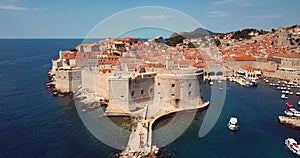 4K Footage Aerial View to the Old City Fortification and Red Roofs in Dubrovnik