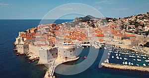 4K Footage Aerial View to the Old City Fortification and Red Roofs in Dubrovnik