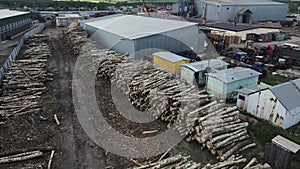 4k footage of a drone taking off at a huge sawmill with many tree trunks