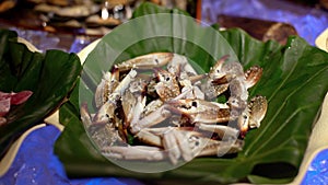 4K, fresh raw seafood in buffet line at Taiwan. Fish and crab legs on ice