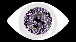 4k a futuristic circuit board with moving electrons shaped dollar sign,abstract human eye,electronic connections,Global internet f