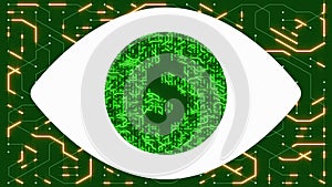 4k a futuristic circuit board with moving electrons shaped dollar sign,abstract human eye,electronic connections,Global internet f