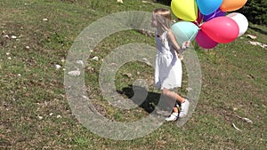 4K Girl Waling with Balloons on Meadow, Happy Child Playing Outdoor in Summer