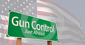 4k Gun control green road sign over ghosted American flag