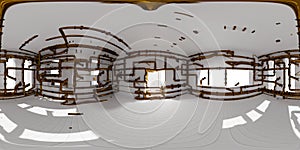 4K HDRI map, spherical environment panorama background, room with pipes, interior light source rendering 3d equirectangular