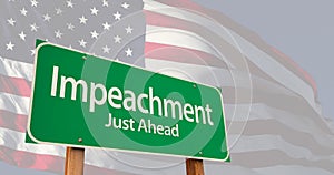 4k impeachment green road sign over ghosted American flag