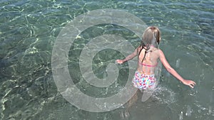 4K Kid Playing on Beach, Child Running on Seashore, Girl Walking Sea Waves on Coastline