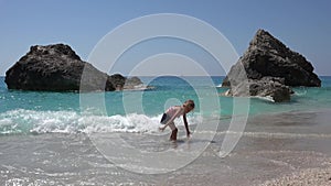 4K Kid Playing on Beach, Child Running on Seashore, Girl Walking Sea Waves on Coastline