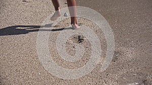 4K Kid Playing on Beach, Child Running on Seashore, Girl Walking Sea Waves on Coastline