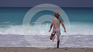 4K Kid Playing on Beach, Child Running on Seashore, Girl Walking Sea Waves on Coastline