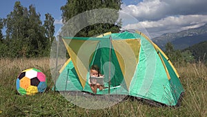 4K Kid Playing Tablet, Child at Tent, Girl in Camping in Mountains, Children Outdoor in Nature