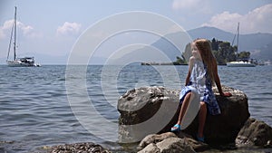 4K Kid Watching Sea Waves, Happy Little Girl Looking on Beach, Child at Seashore