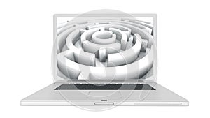 4k Laptop play video of rotating maze,abstract business & tech background.