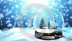 4K Loop able Christmas Snow globe Snowflake with Snowfall on Blue Background