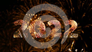 4K. loop seamless of firework of year 2022 greeting during new year eve countdown celebration, real colorful fireworks festival