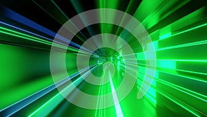 4k looped abstract high-tech tunnel with neon lights, camera flies through tunnel, blue green neon lights flicker. Sci