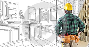 4k Looping Clip of Contractor in Hard Hat Facing Drawing of Bathroom Design Transitioning to Photo