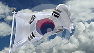 4k looping flag of Republic of Korea waving in wind,timelapse rolling clouds background.