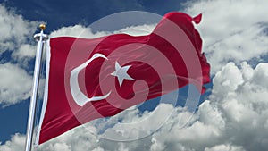 4k looping flag of Turkey waving in wind,timelapse rolling clouds background.