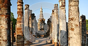 4k Mahathat temple in Sukhothai historical park,a UNESCO world heritage site,Thailand.