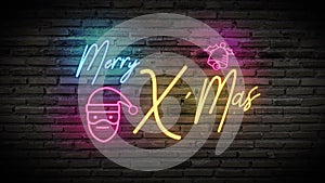 4K. Merry X`Mas shiny neon lamps sign glow on black brick wall. colorful sign board with text Merry X`Mas ,cartoon Santa Claus