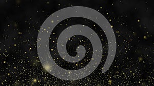 4K motion abstract graphic of particles gold dust float in the air on black background. background gold movement