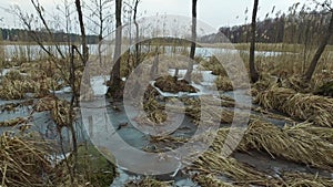 4K. Motion panoramic view of wild frozen lake in early spring, landscape