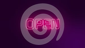 4K Neon sign of the word `OPEN` switch on with a flicker, Neon advertising Big Discounts, Looped animation background premium