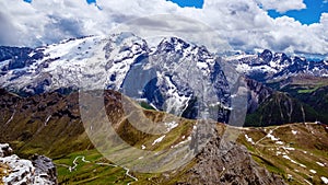 4K panning timelapse aerial view of Sass Pordoi Mountain, Dolomites, Italy