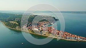 4K. Panoramic view of the old city Piran area in the morning. Aerial view of Istrian peninsula in Slovenia