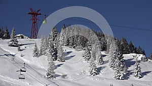 4K People in alps ski lift, alpine cable car, winter sports, tourists skiing