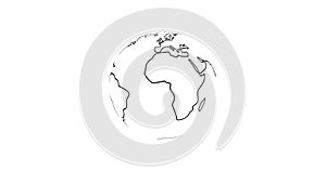 4k Planet Earth Rendered Animation Video Black Outline Continents Isolated on White.