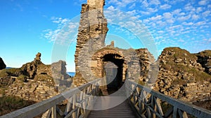 4k POV footage walking along bridge and through entrance walls of Castle Sinclair Girnigoe in Caithness, Scotland