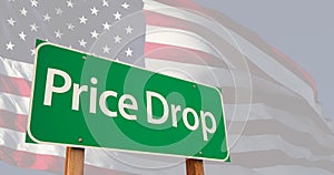 4k Price Drop Green Road Sign Over Ghosted American Flag