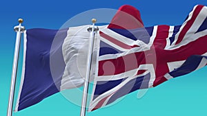 4k Seamless Britain England United Kingdom and France Flags with blue sky background,JP,IND.