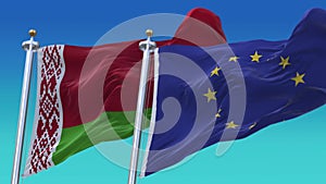 4k Seamless European Union and Belarus Flags with blue sky background,JP,IND.