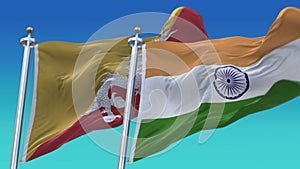 4k Seamless India and Bhutan Flags with blue sky background,JP,IND.