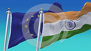 4k Seamless India and European Union Flags with blue sky background,JP,IND.