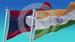 4k Seamless India and Laos Flags with blue sky background,JP,IND.