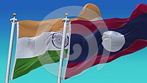 4k Seamless India and Laos Flags with blue sky background,JP,IND.