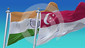 4k Seamless India and Singapore Flags with blue sky background,JP,IND.