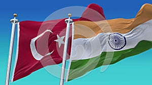 4k Seamless India and Turkey Flags with blue sky background,JP,IND.